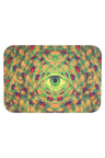 Small metal rolling tray with magnetic lid, kaleidoscopic green mandala centered on a single eye; smooth 7″ × 5″.