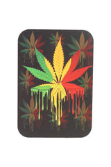 Small metal rolling tray with magnetic lid, black background and dripping red-yellow-green leaf graphic; compact 7″ × 5″.