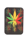 Small metal rolling tray with magnetic lid, black background and dripping red-yellow-green leaf graphic; compact 7″ × 5″.