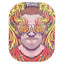 Small metal rolling tray with magnetic lid featuring psychedelic portrait art; 7″ × 5½″ size with rounded corners for tidy prep.
