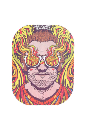 Small metal rolling tray with magnetic lid featuring psychedelic portrait art; 7″ × 5½″ size with rounded corners for tidy prep.