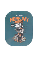 Teal small metal rolling tray with magnetic lid and “All Work More Pay” graphic; 7″ × 5½″ rectangle with curved rim.
