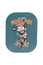 Teal small metal rolling tray with magnetic lid and “All Work More Pay” graphic; 7″ × 5½″ rectangle with curved rim.