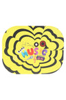 Yellow small metal rolling tray with magnetic lid and playful “Music” print; compact 7″ × 5½″ design, rounded edges.