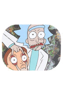 Small metal rolling tray with magnetic lid showing a sci-fi cartoon duo; 7″ × 5½″ size keeps rolling tools contained.
