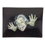 Small art glass rolling tray with playful scientist caricature on glossy black; compact 6½″ × 4¾″ size for organized prep.