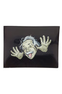 Small art glass rolling tray with playful scientist caricature on glossy black; compact 6½″ × 4¾″ size for organized prep.
