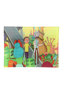 Small art glass rolling tray featuring a sci-fi cartoon duo in a colorful alien city; glossy rectangular glass for tidy prep.