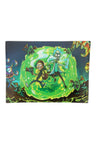 Small art glass rolling tray with bright green portal scene and cartoon duo; 6½″ × 4¾″ glass surface keeps rolling tidy.