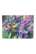 Small art glass rolling tray with chaotic purple space comic artwork; sleek rectangular glass keeps papers and tips in one place.