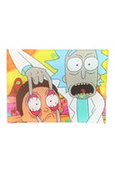 Small art glass rolling tray showing shocked cartoon eye-pull scene; compact 6½″ × 4¾″ glass keeps prep contained and easy to clean.