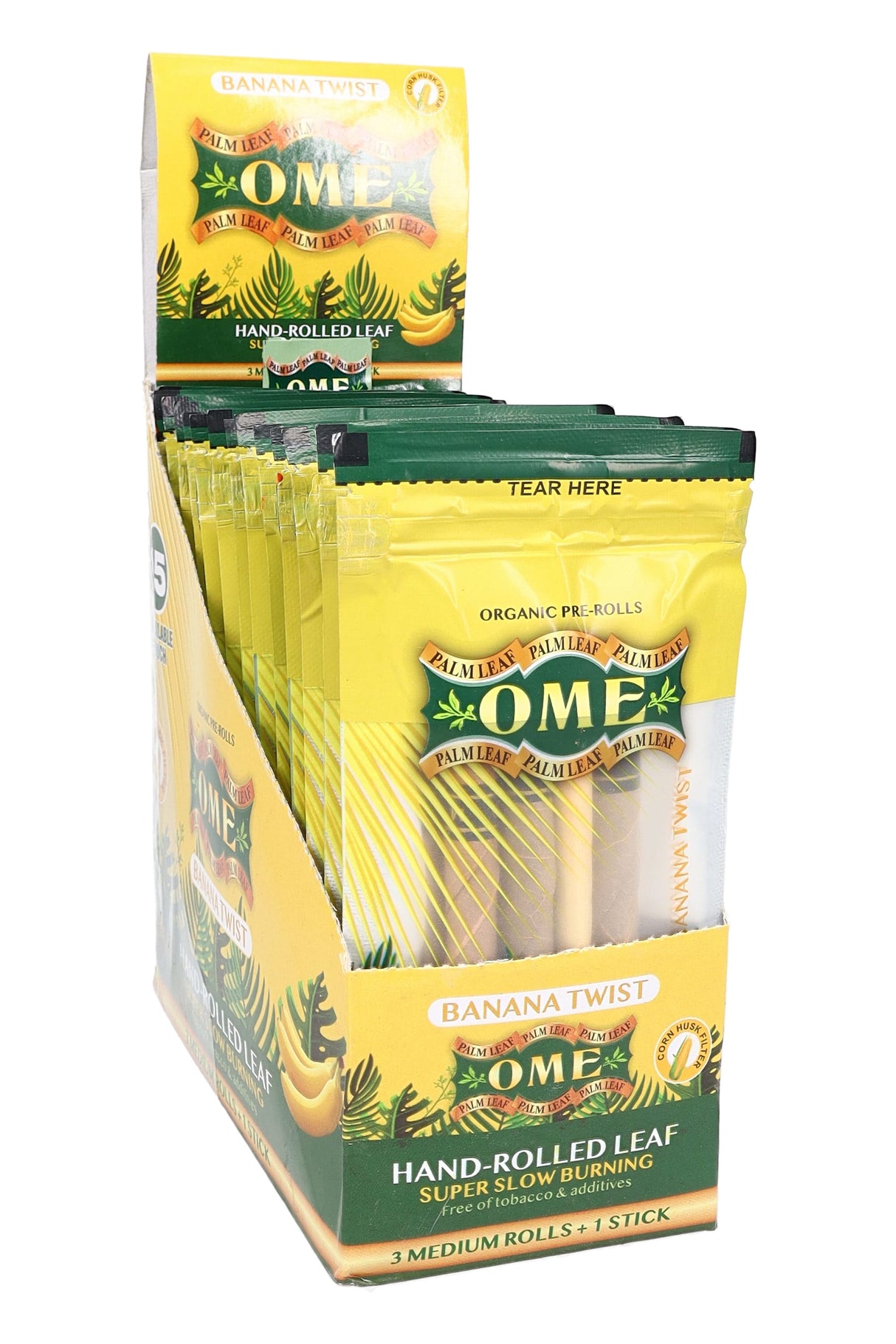 OME Banana Twist palm leaf pre-rolls display; 3 medium rolls plus packing stick per pouch, organic and super slow burning.