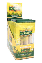 OME Banana Twist palm leaf pre-rolls display; 3 medium rolls plus packing stick per pouch, organic and super slow burning.