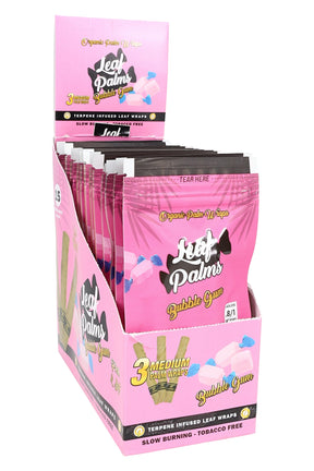 Leaf Palms Bubble Gum palm leaf wraps display with 3 medium wraps per pouch; sweet terpene notes and tobacco-free design.