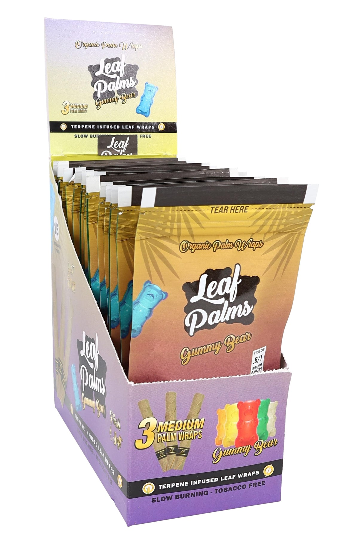 Leaf Palms Gummy Bear palm leaf wraps display; 3 medium wraps per pouch with candy-inspired terpene profile.