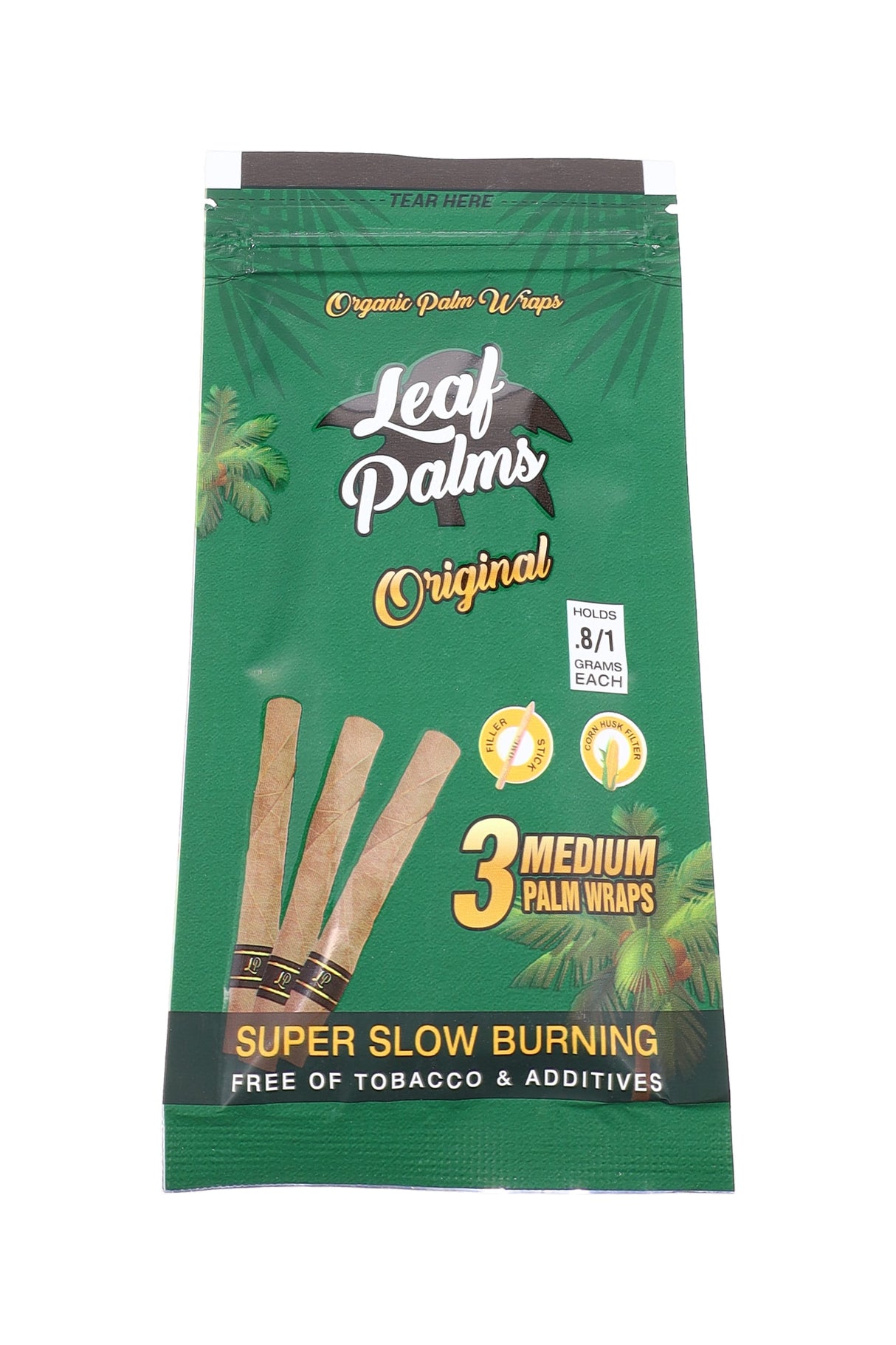 Leaf Palms Original palm leaf wraps pouch showing 3 medium wraps, slow-burning and tobacco-free, each holding up to 1 g.