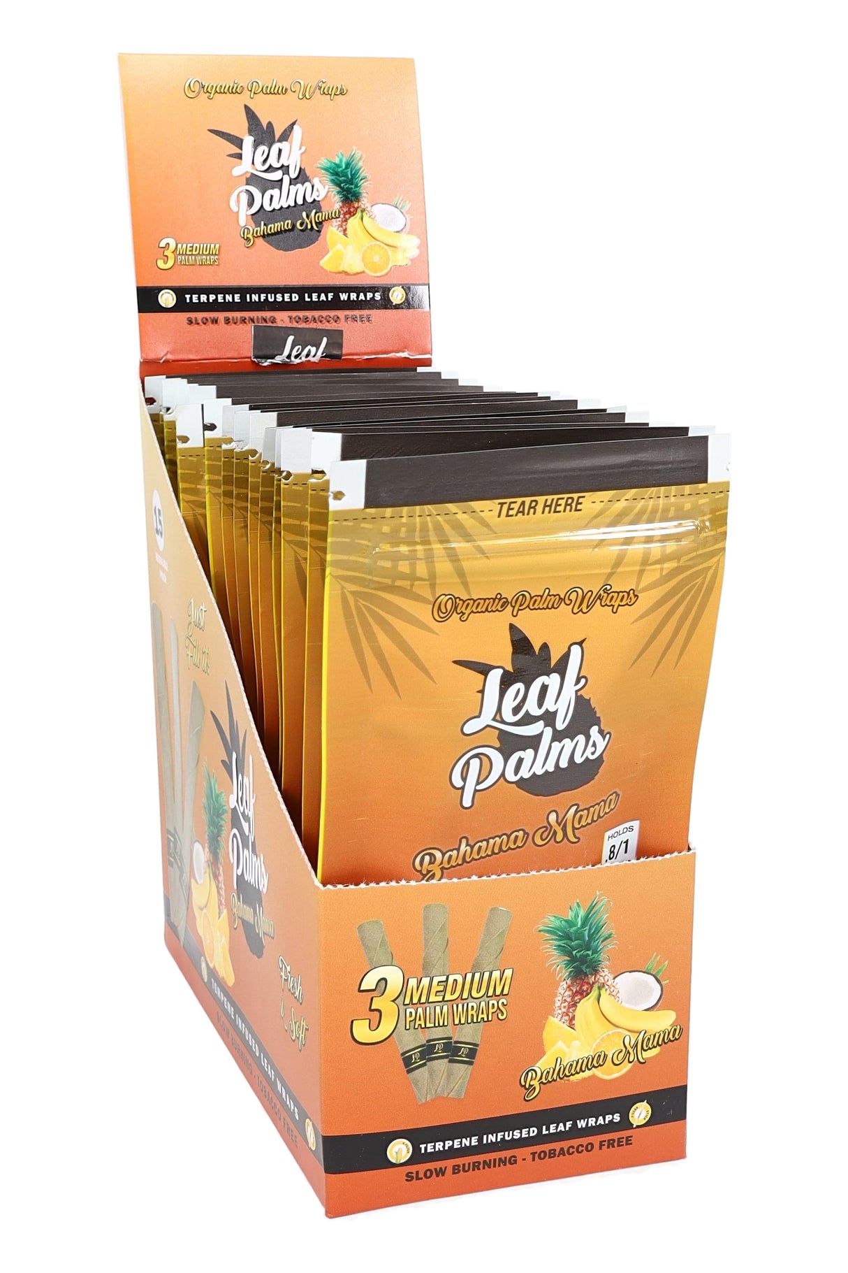 Leaf Palms Bahama Mama palm leaf wraps display; 3 medium wraps per pouch and tropical terpene blend for relaxed vibes.