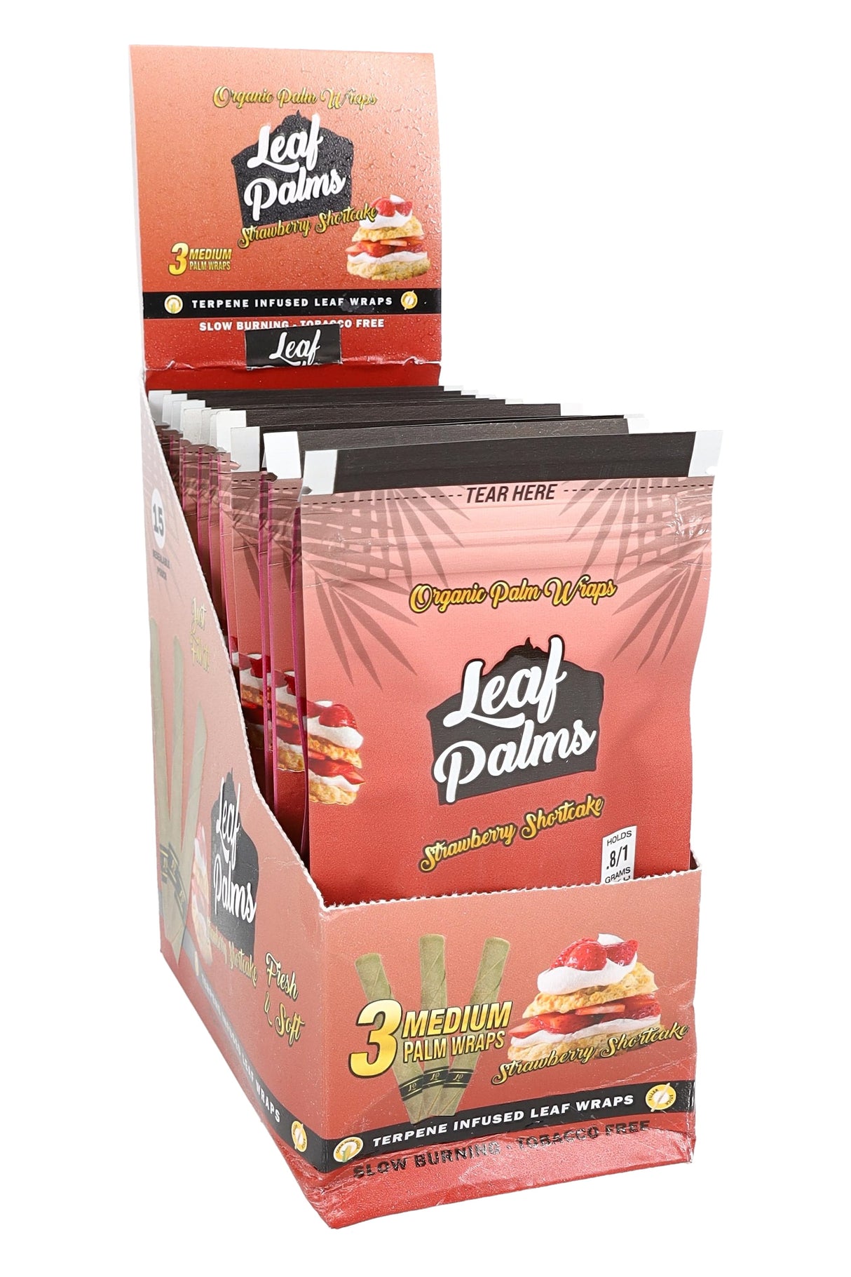 Display of Leaf Palms packaging with strawberry flavor on a white background