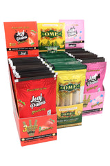 Countertop display of palm leaf pre-rolls and leaf wraps in assorted flavors, retail-ready 15-pack boxes for grab-and-go.