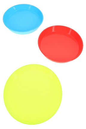 Trio of round silicone rolling trays in red, blue, and neon yellow; 9″ diameter with smooth, raised rim to keep papers and tools contained.