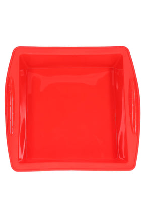 Red square silicone rolling tray with integrated handles, 10″ x 10″, raised edges to keep papers and dry herb contained.