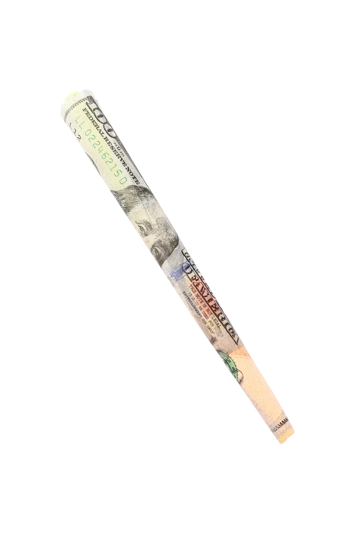 Single Empire Rolling Benny money-print pre-rolled cone showing filter tip and detailed hundred-dollar design on white background.