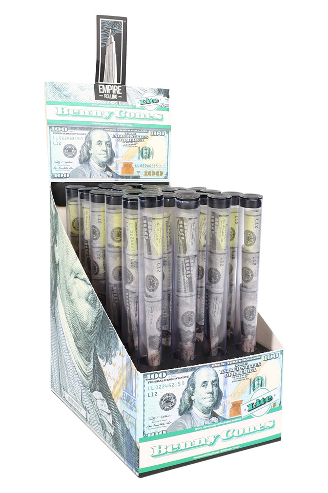 Empire Rolling Benny Cones Lite display with 24 resealable tubes of money-print pre-rolled cones, retail box front view.