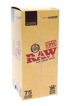 RAW Classic King Size pre-rolled cones 75-count box in kraft dispenser, natural rolling papers with built-in filter tips.