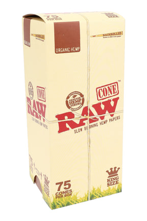 RAW Organic King Size pre-rolled cones 75-count dispenser box, unbleached hemp papers with built-in tips for easy packing.