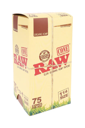 Tall box of RAW Organic 1¼ pre-rolled cones showing 75 count label and organic hemp branding, standing three-quarter view on white background.