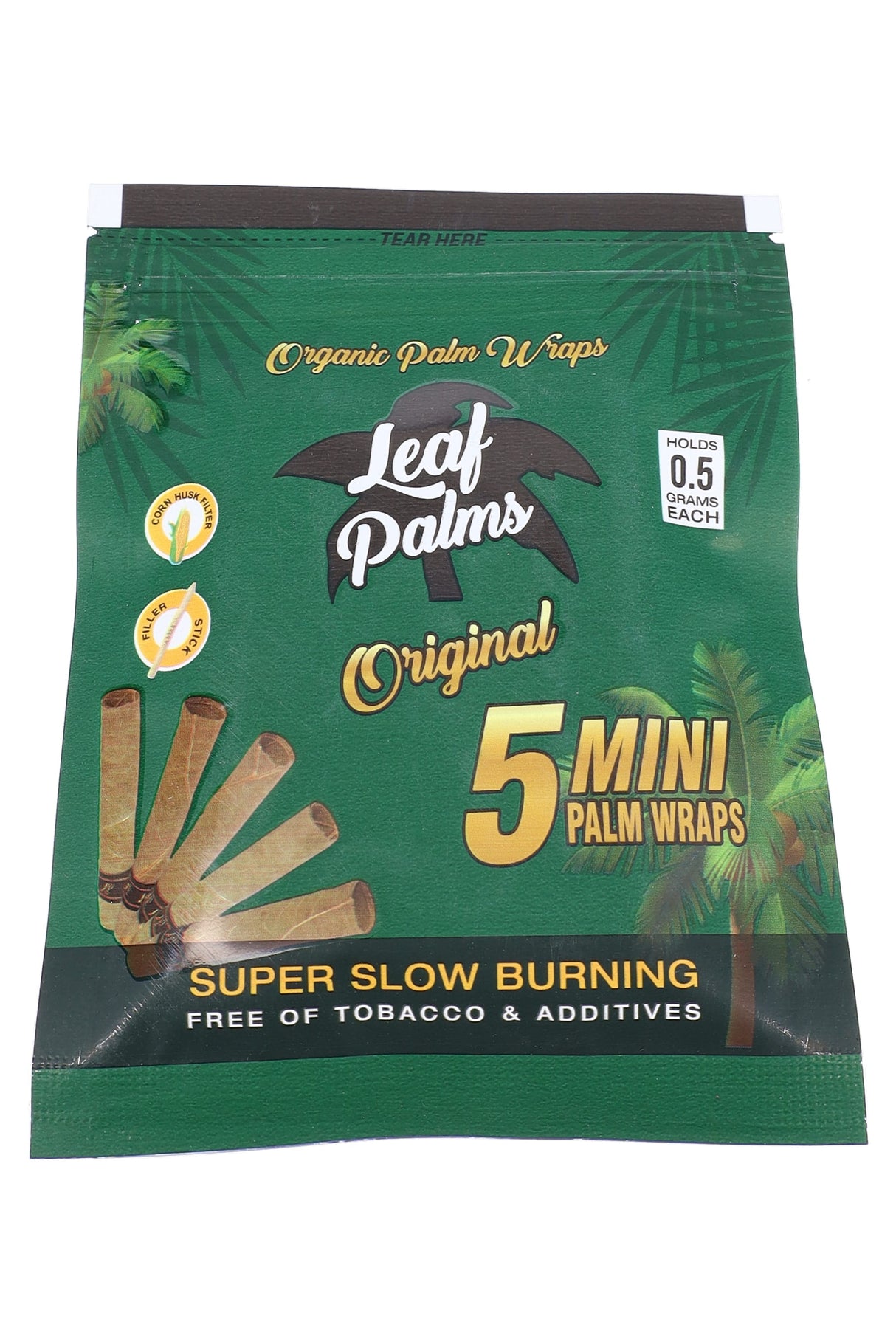 Leaf Palms Original mini palm leaf pre-rolls pouch showing 5 minis, corn husk filter icons, and 0.5 g capacity per roll.