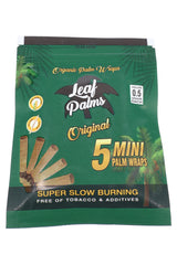 Leaf Palms Original mini palm leaf pre-rolls pouch showing 5 minis, corn husk filter icons, and 0.5 g capacity per roll.