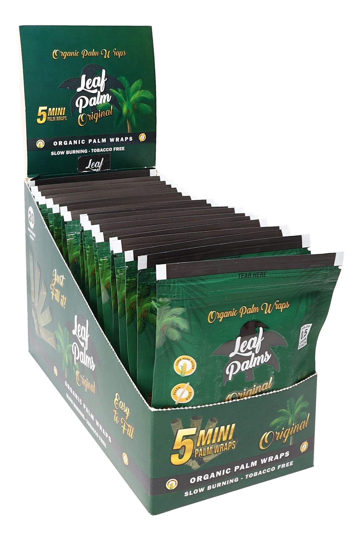 Retail display of Leaf Palms mini palm leaf pre-rolls, Original flavor; 20 pouches with 5 slow-burning minis per pouch.