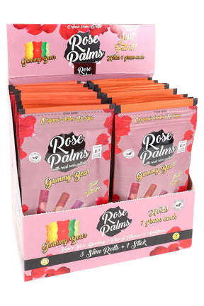 Leaf Palms “Rose Palms” Gummy Bear display with 20 pouches; each pouch includes three slim rose petal rolls and a packing stick.