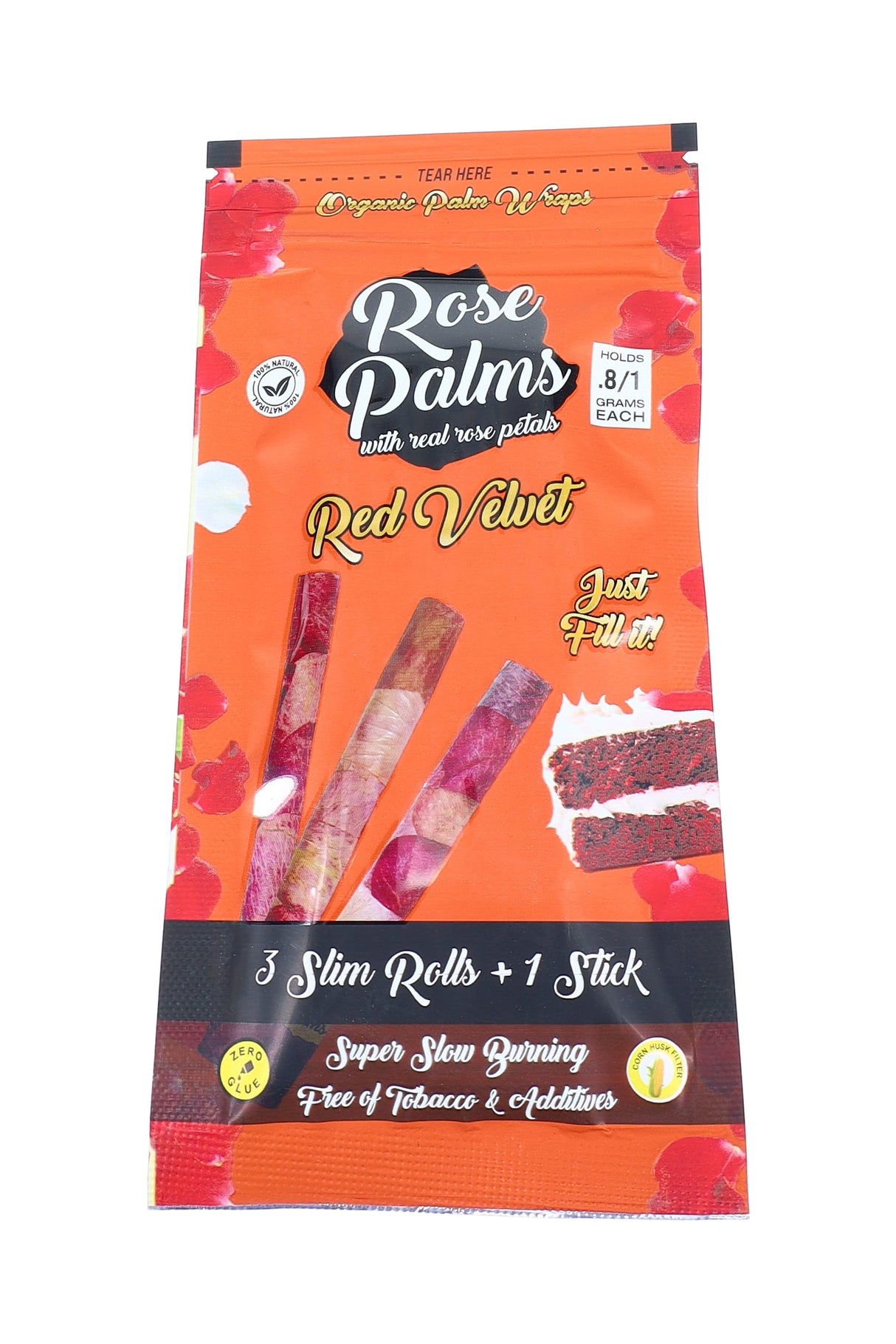 Closeup pouch of Leaf Palms “Rose Palms” Red Velvet rose petal wraps showing 3 slim rolls plus packing stick and 1-gram capacity callout.