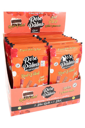 Leaf Palms “Rose Palms” Red Velvet display box; pink-orange pouches of rose petal wraps, three slim rolls per pouch, slow-burning.