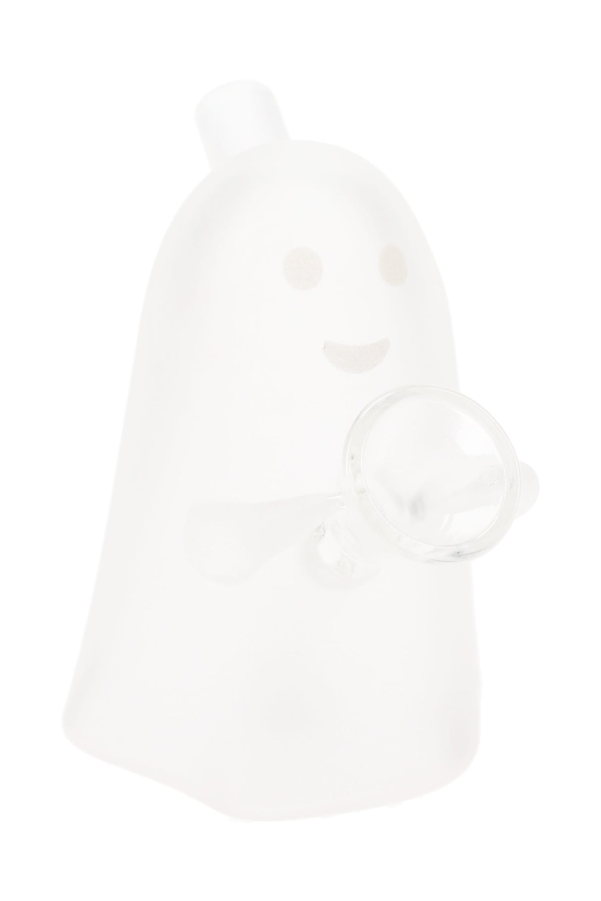 Frosted glass ghost-shaped blunt bubbler by MJ Arsenal with integrated holder and mouthpiece, glow-ready details, shown on white background.