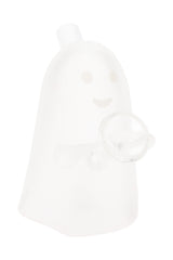 Frosted glass ghost-shaped blunt bubbler by MJ Arsenal with integrated holder and mouthpiece, glow-ready details, shown on white background.