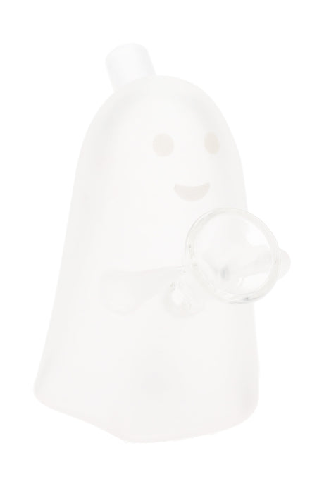 Frosted glass ghost-shaped blunt bubbler by MJ Arsenal with integrated holder and mouthpiece, glow-ready details, shown on white background.