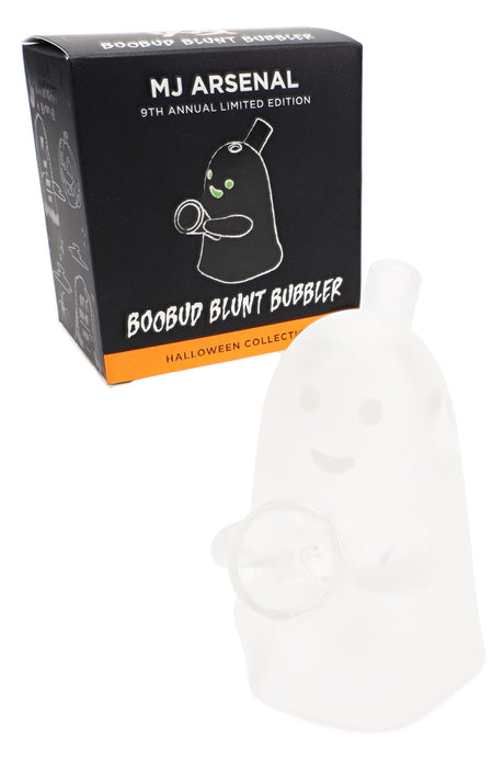MJ Arsenal Boobud blunt bubbler beside Halloween edition box, frosted ghost body with round glass holder for pre-roll filtration.