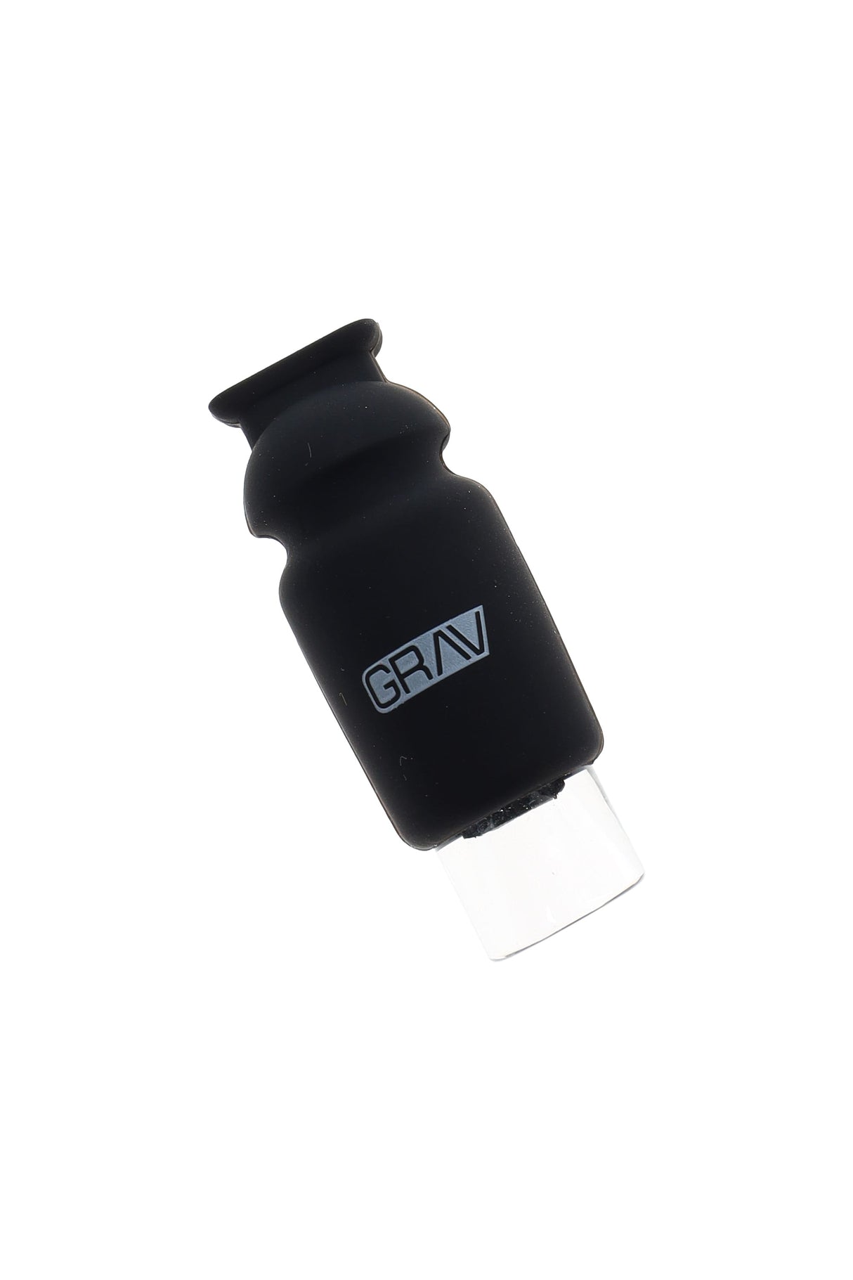 Black GRAV silicone-capped glass crutch filter tip, compact 43 mm design with clear glass end, reusable joint holder.