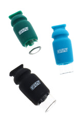 Trio of GRAV silicone-capped glass crutches in black, blue, and dark teal, compact reusable joint filter tips.