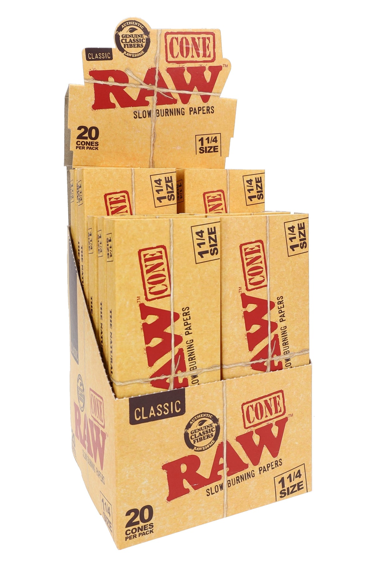 RAW Classic 1¼ pre-rolled cones 12-count display box with 20-cone packs shown open in retail counter view