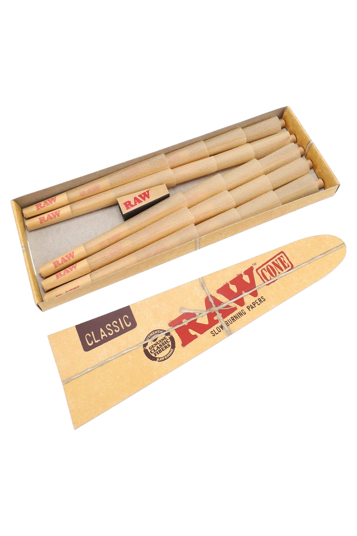 Open RAW Classic 1¼ pre-rolled cone pack with funnel-style lid and visible cones shown in close-up view