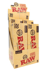 RAW Classic king size pre-rolled cones 12-count display box with 20-cone packs shown in retail view