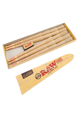 Open RAW Classic king size pre-rolled cone pack with visible cones and foldable funnel in close-up view