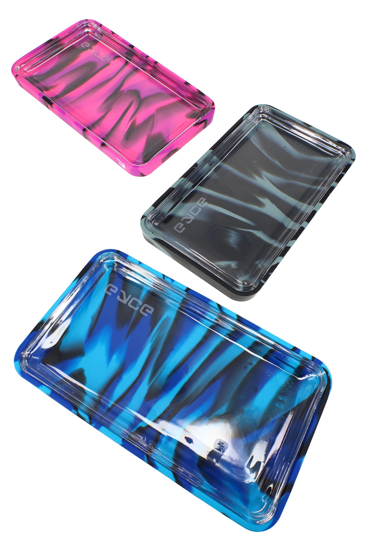 Assorted Eyce ProTeck rolling trays with borosilicate glass inserts and striped silicone shells in group view