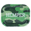 Small Hemper metal rolling tray with green camouflage print and raised edges in a top-down product view