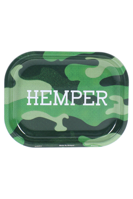 Small Hemper metal rolling tray with green camouflage print and raised edges in a top-down product view