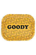Small Goody Glass metal rolling tray with yellow patterned face design and raised edges in a top-down product view